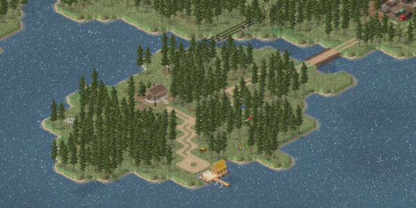 A small island that includes a hunting lodge and a small fishing pier